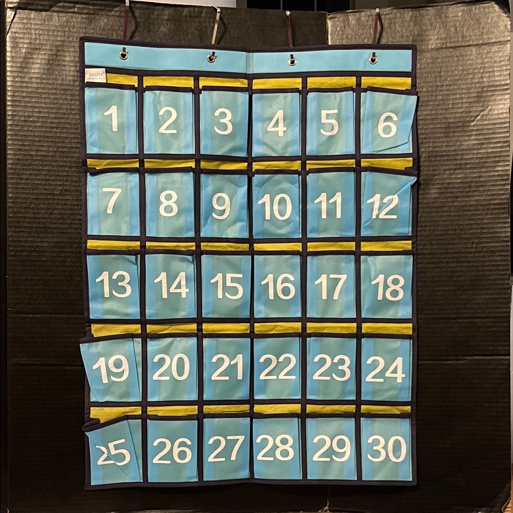 Numbered Blue Pocket Organizer/ Holder with Yellow Trim